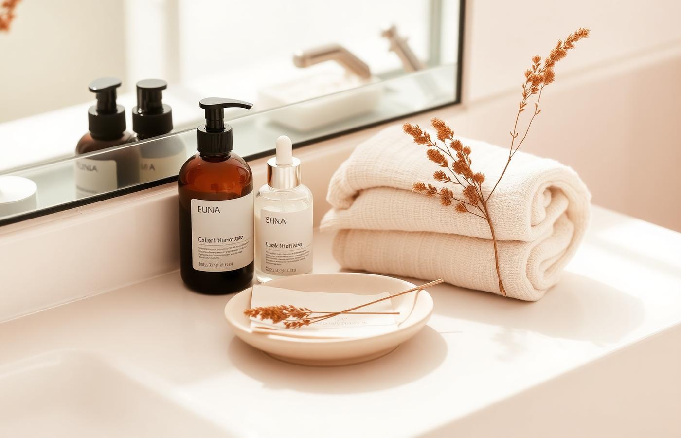 Skincare products arranged on a bathroom vanity